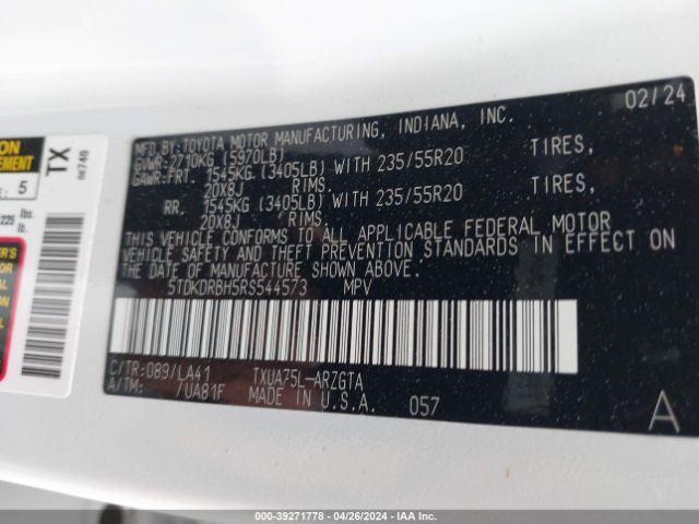 5TDKDRBH5RS544573 Toyota Highlander Platinum