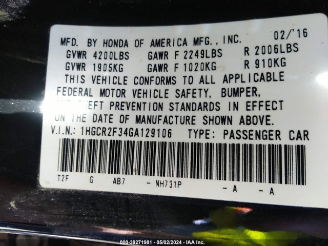 Honda ACCORD LX 2016 1HGCR2F34GA129106 Image 9