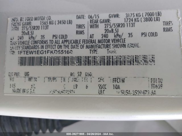 1FTEW1EG1FKD55160 Ford F-150 Lariat