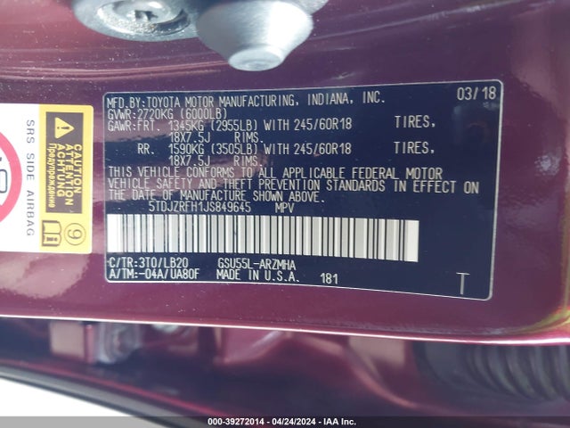Toyota Highlander Xle 2018 5TDJZRFH1JS849645 Image 9