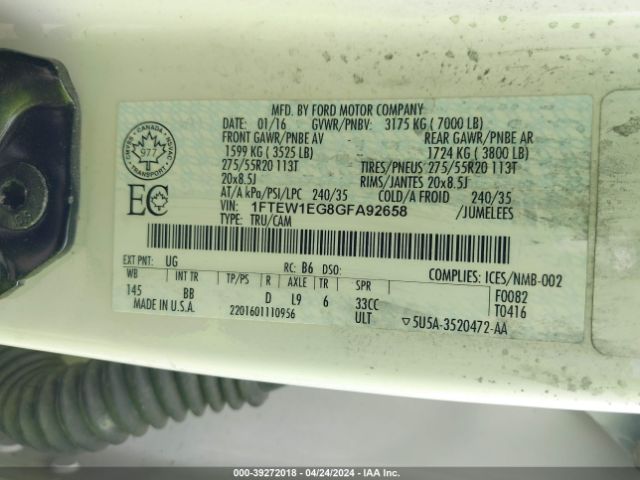 1FTEW1EG8GFA92658 Ford F-150 Platinum