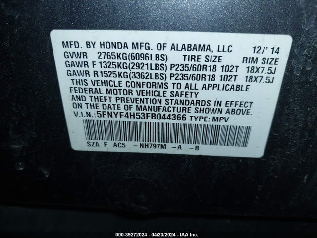 Honda Pilot Ex-l 2015 5FNYF4H53FB044366 Image 9
