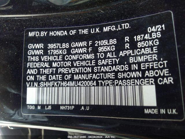 SHHFK7H64MU420064 Honda CIVIC EX