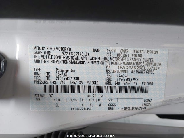 Ford FOCUS SE 2014 1FADP3K29EL367357 Image 9