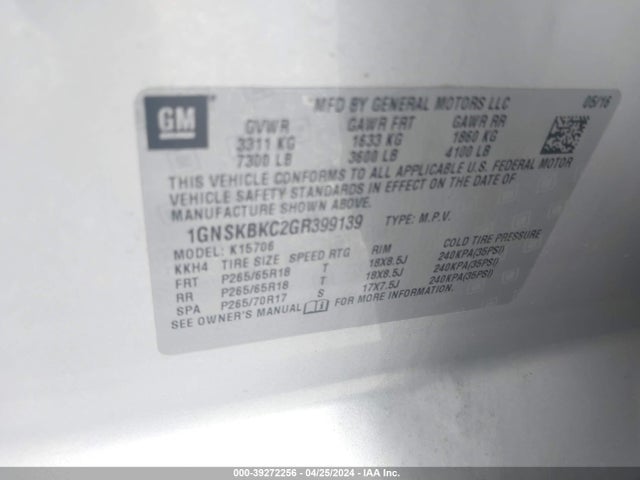 Chevrolet Tahoe Lt 2016 1GNSKBKC2GR399139 Image 9
