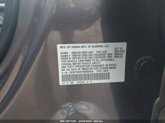 5FNYF6H01KB002658 Honda Pilot Elite