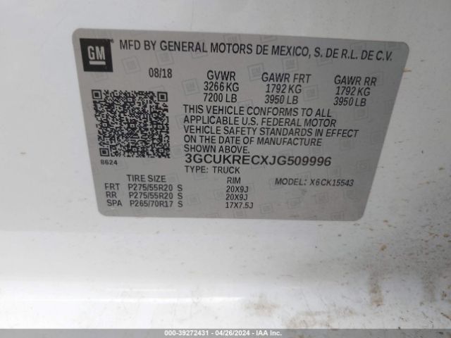 3GCUKRECXJG509996 Chevrolet Silverado 1500 2lt