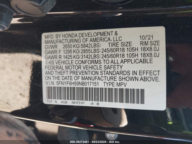 Honda Pilot Awd Ex-l 2022 5FNYF6H59NB017151 Image 9