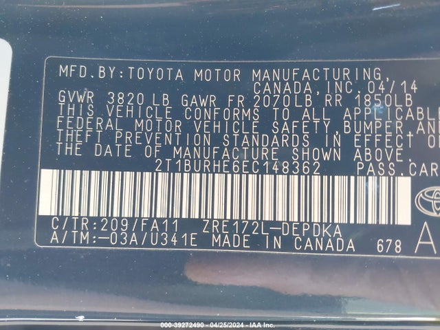 Toyota COROLLA L 2014 2T1BURHE6EC148362 Image 9