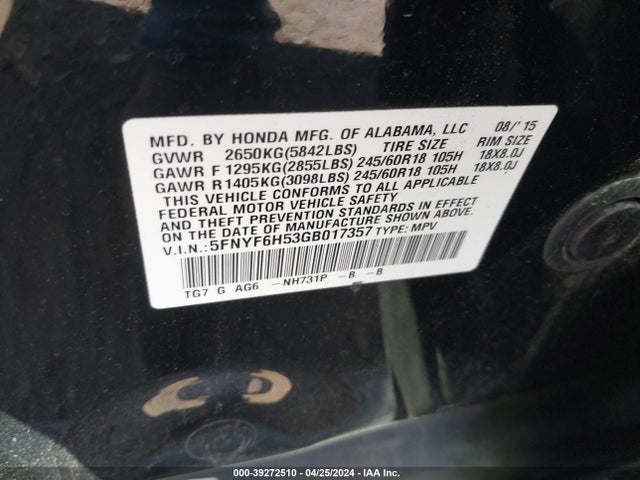 Honda Pilot Ex-l 2016 5FNYF6H53GB017357 Image 9