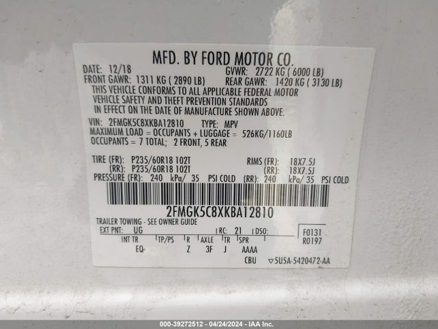 Ford FLEX SEL 2019 2FMGK5C8XKBA12810 Image 9