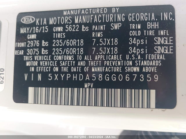 KIA Sorento 3.3l Ex 2016 5XYPHDA58GG067359 Image 9