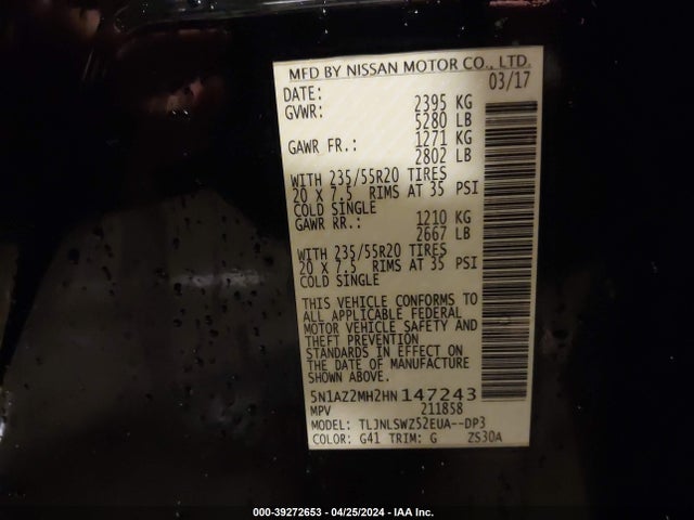 Nissan Murano Platinum 2017 5N1AZ2MH2HN147243 Image 9
