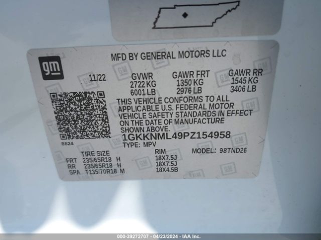 1GKKNML49PZ154958 GMC Acadia Fwd Slt
