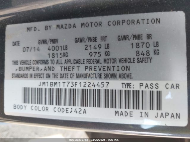 JM1BM1T73F1224457 Mazda Mazda3 I Sv