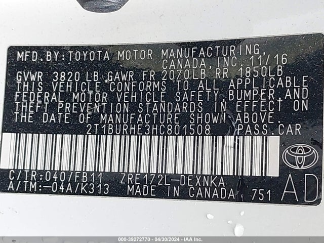 Toyota COROLLA LE 2017 2T1BURHE3HC801508 Image 9