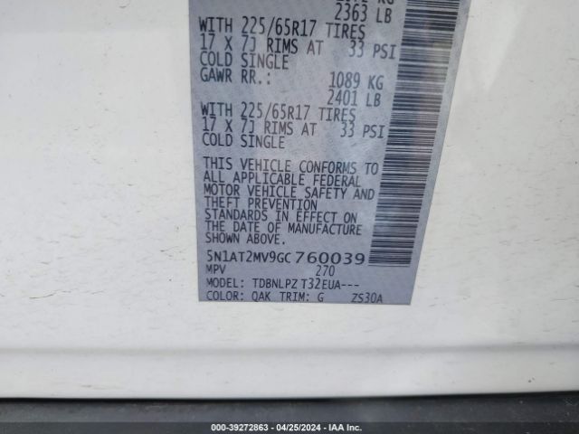 5N1AT2MV9GC760039 Nissan Rogue S/sl/sv