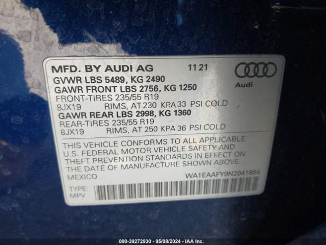 WA1EAAFY9N2041884 Audi Q5 Premium Plus 45 Tfsi S Line Quattro S Tronic