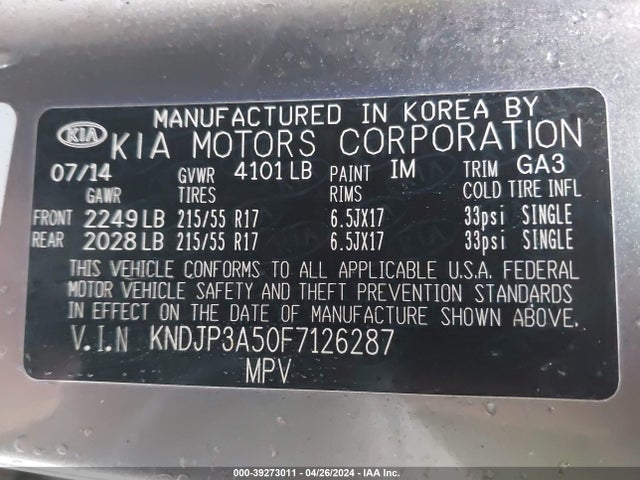 KIA SOUL + 2015 KNDJP3A50F7126287 Image 9