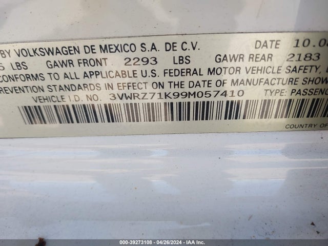 Aukcja sprzedaży 2009 Volkswagen Jetta Se/sel, vin: 3VWRZ71K99M057410, numer aukcji: 39273108