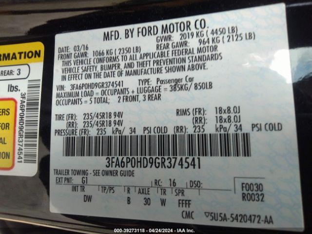 3FA6P0HD9GR374541 Ford FUSION SE