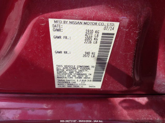 Nissan Altima 2.5 S 2015 1N4AL3AP7FC128838 Image 9