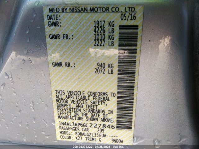 1N4AL3AP6GC227846 Nissan Altima 2.5/2.5 S/2.5 Sl/2.5 Sr/2.5 Sv