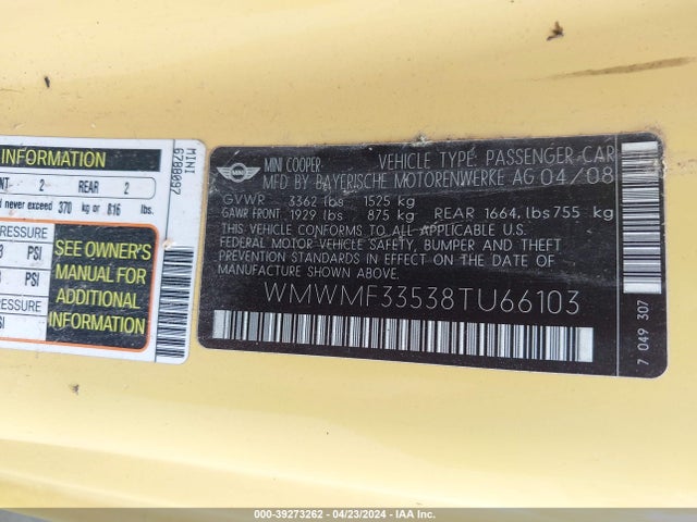 2008 MINI COOPER WMWMF33538TU66103 Photo 8