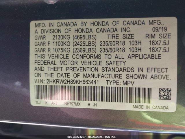 Honda Cr-v Ex-l 2019 2HKRW2H89KH663441 Image 9