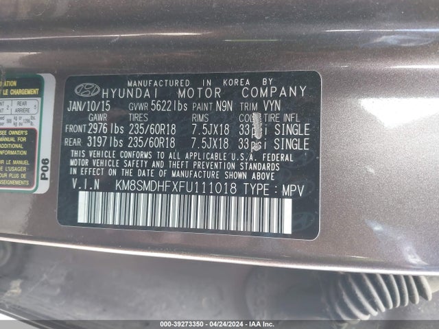 Hyundai Santa Fe Gls 2015 KM8SMDHFXFU111018 Image 9