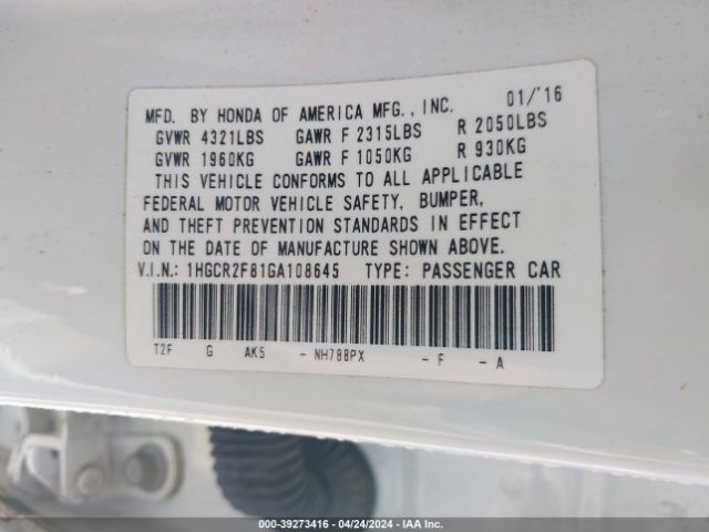 1HGCR2F81GA108645 Honda Accord Ex-l