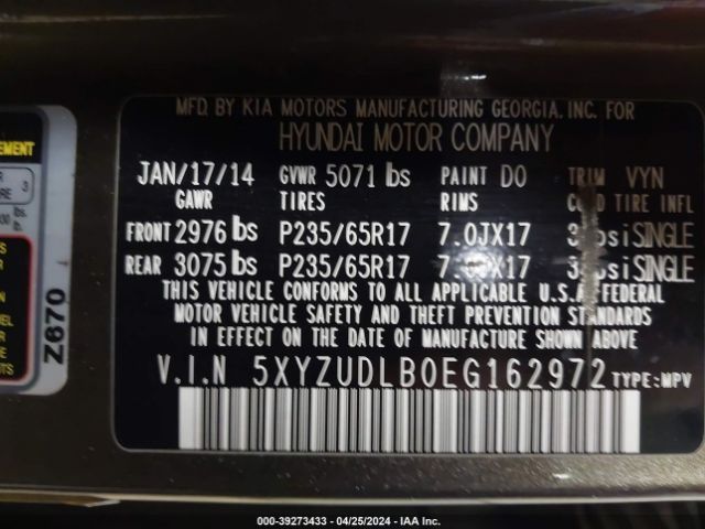5XYZUDLB0EG162972 Hyundai Santa Fe Sport 2.4l