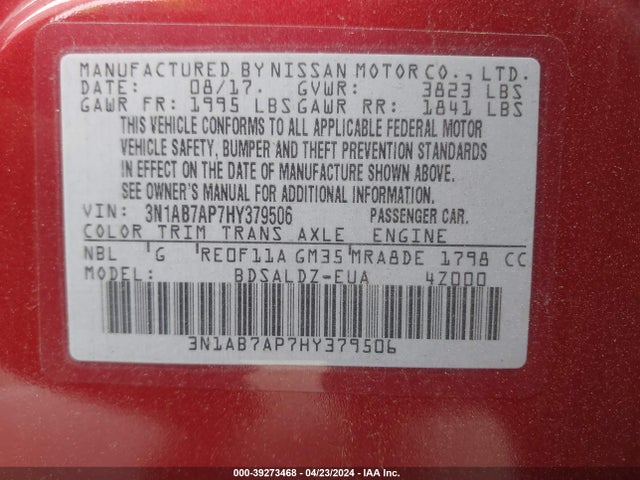 Nissan SENTRA SV 2017 3N1AB7AP7HY379506 Image 9