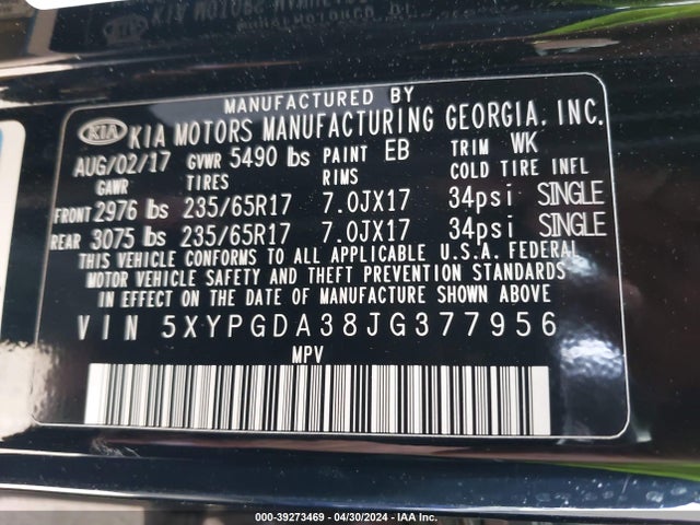 KIA Sorento 2.4l Lx 2018 5XYPGDA38JG377956 Image 9