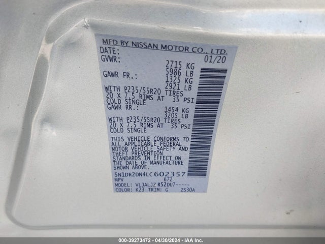 Nissan Pathfinder Platinum 2wd 2020 5N1DR2DN4LC602357 Image 9