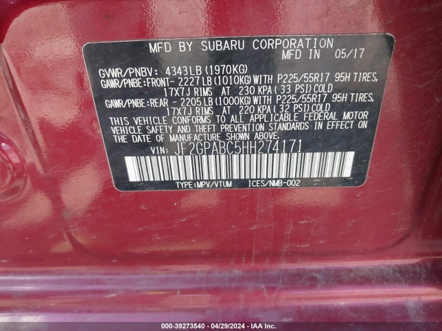 JF2GPABC5HH274171 Subaru Crosstrek 2.0i Premium
