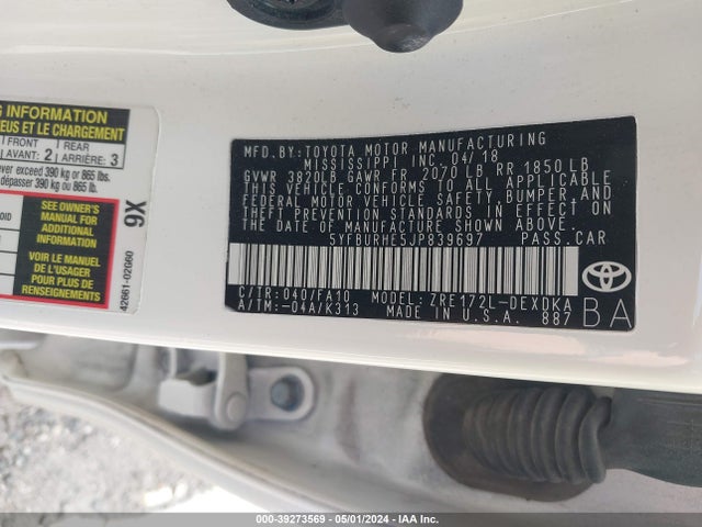 Toyota COROLLA L 2018 5YFBURHE5JP839697 Image 9