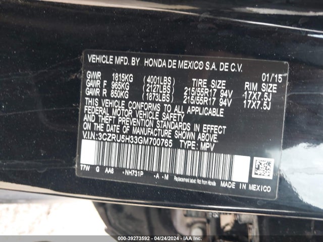 Honda HR-V LX 2016 3CZRU5H33GM700765 Image 9