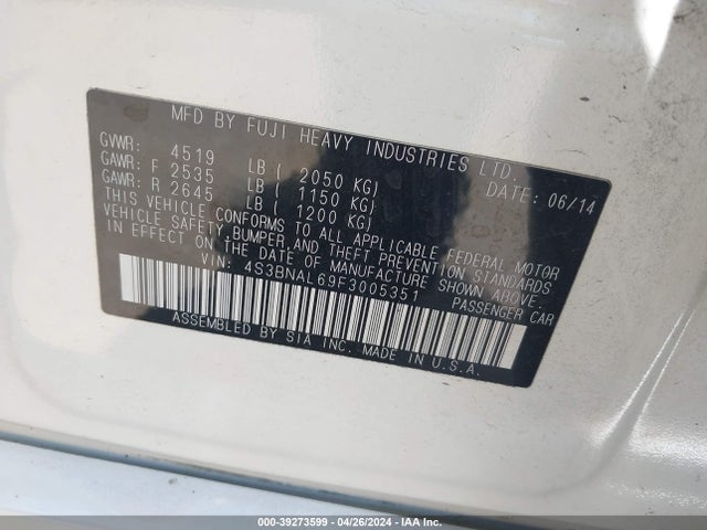 4S3BNAL69F3005351 Subaru Legacy 2.5i Limited
