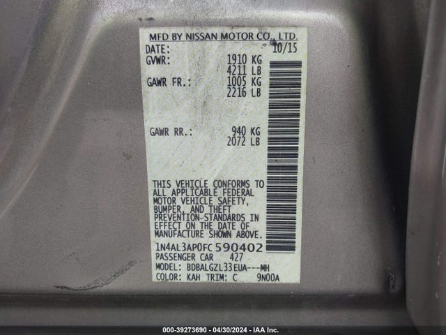 Nissan Altima 2.5 S 2015 1N4AL3AP0FC590402 Image 9