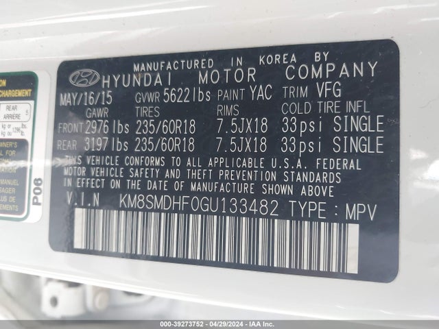 Hyundai Santa Fe Se 2016 KM8SMDHF0GU133482 Image 9