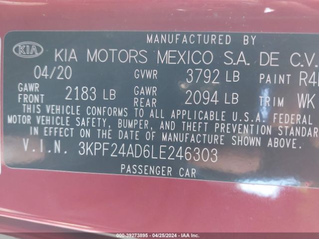 3KPF24AD6LE246303 KIA Forte Lxs
