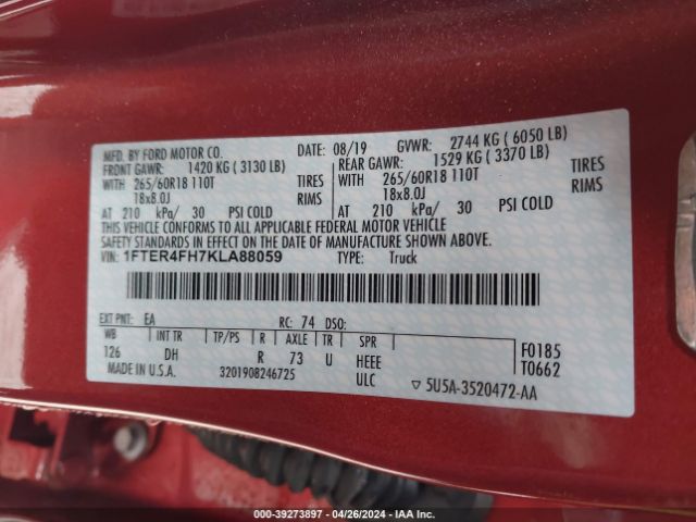 1FTER4FH7KLA88059 Ford Ranger Lariat