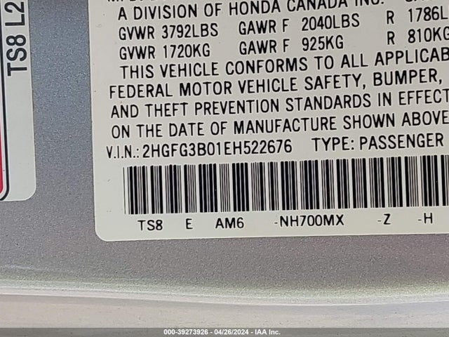 Honda Civic Ex-l 2014 2HGFG3B01EH522676 Image 9
