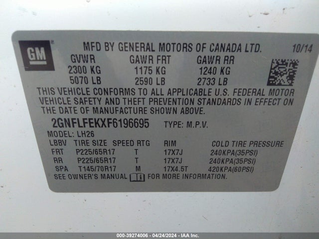 Chevrolet EQUINOX 1LT 2015 2GNFLFEKXF6196695 Image 9