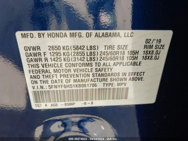5FNYF6H51KB061706 Honda Pilot Ex-l