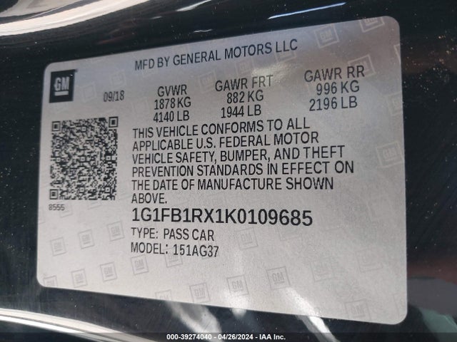 Chevrolet Camaro 1lt 2019 1G1FB1RX1K0109685 Image 9