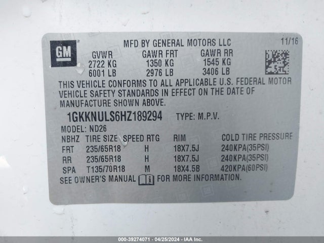 GMC Acadia Slt-1 2017 1GKKNULS6HZ189294 Image 9