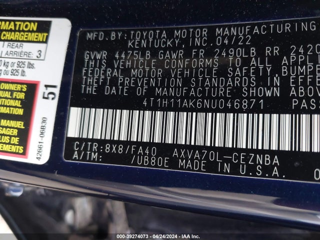 Toyota CAMRY LE 2022 4T1H11AK6NU046871 Image 9