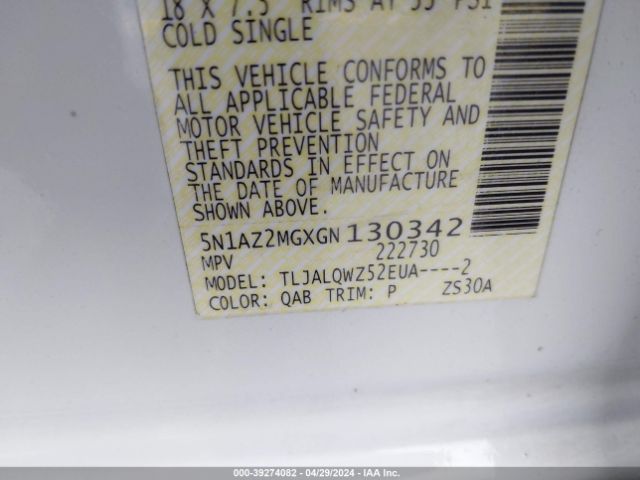 5N1AZ2MGXGN130342 Nissan MURANO SV